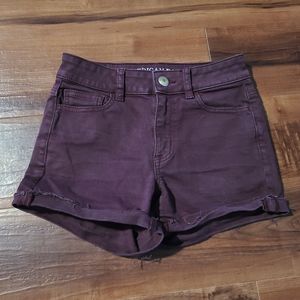 AMERICAN EAGLE SHORTS SZ‎ 0 HI-RISE SHORTIE SUPER STRETCH BURGUNDY AEO Denim